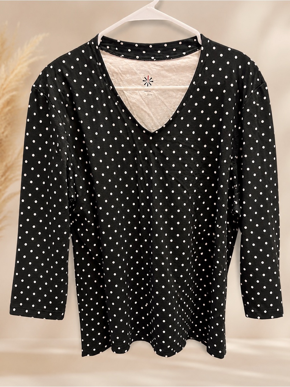 Isaac Mizrahi Black Long Sleeve V-Neck Polka Dot Top